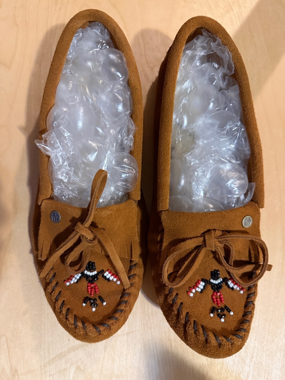 Women Brown Suede Moccasin Shoes with Beaded Detail